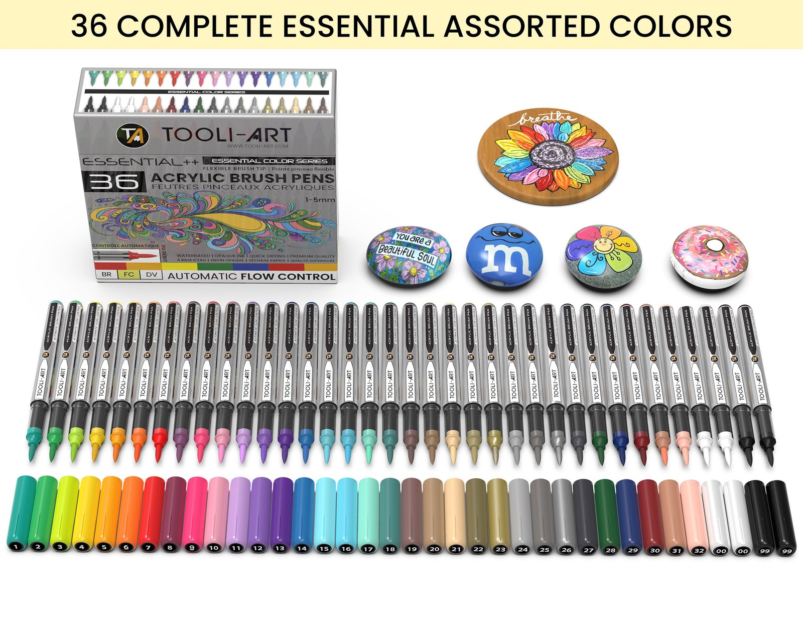 36 Essential Flexible Brush Acrylic Paint Pens AUTOMATIC FLOW CONTROL 1-5mm