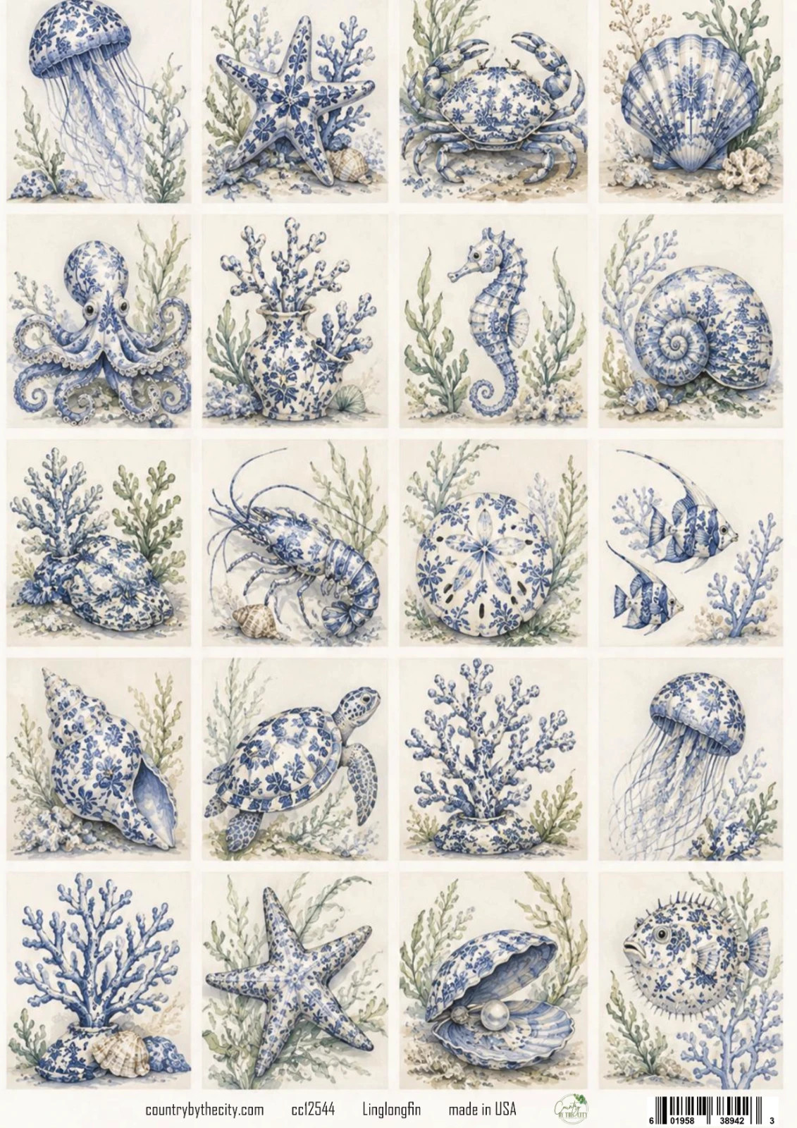 Linglongfin Chinoserie Sea Life A4 Decoupage Rice Paper, Seahorse, Starfish