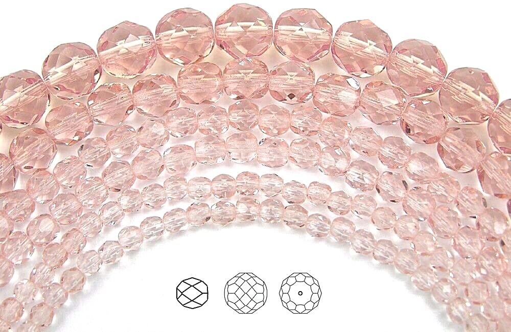 Czech Fire Polished Round Faceted Beads in Rosaline light pink color, 16″ strand