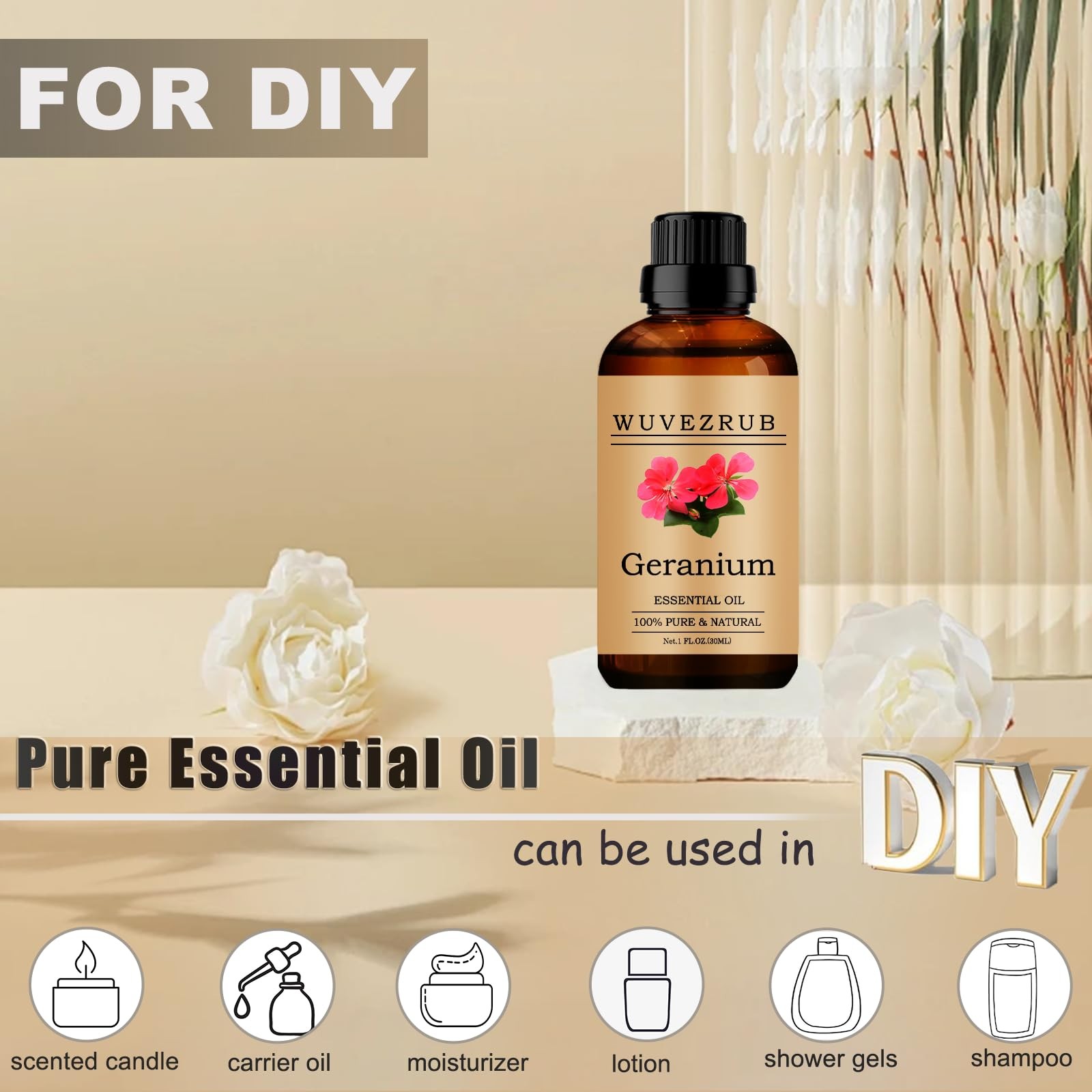 Geranium Essential Oils, 30ML Pure and Natural 1 Fl Oz (Pack of 1), Clear