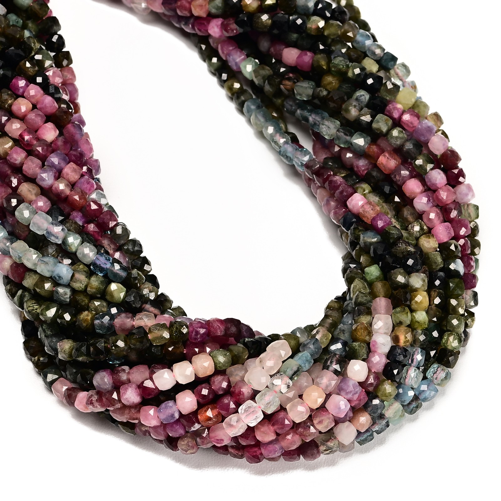 Gradient Natural Multi-color Tourmaline Faceted Cube Beads Size 4mm 15.5″ Strand