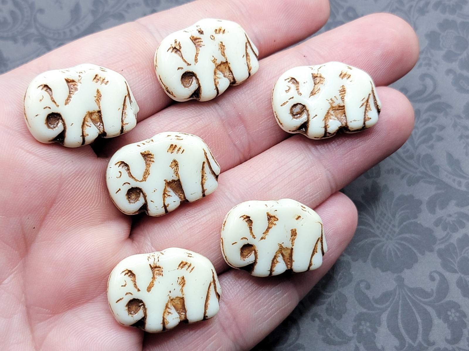 Uranium Glass Elephant Beads 16x23mm Czech Pressed Custard Glass 6pcs