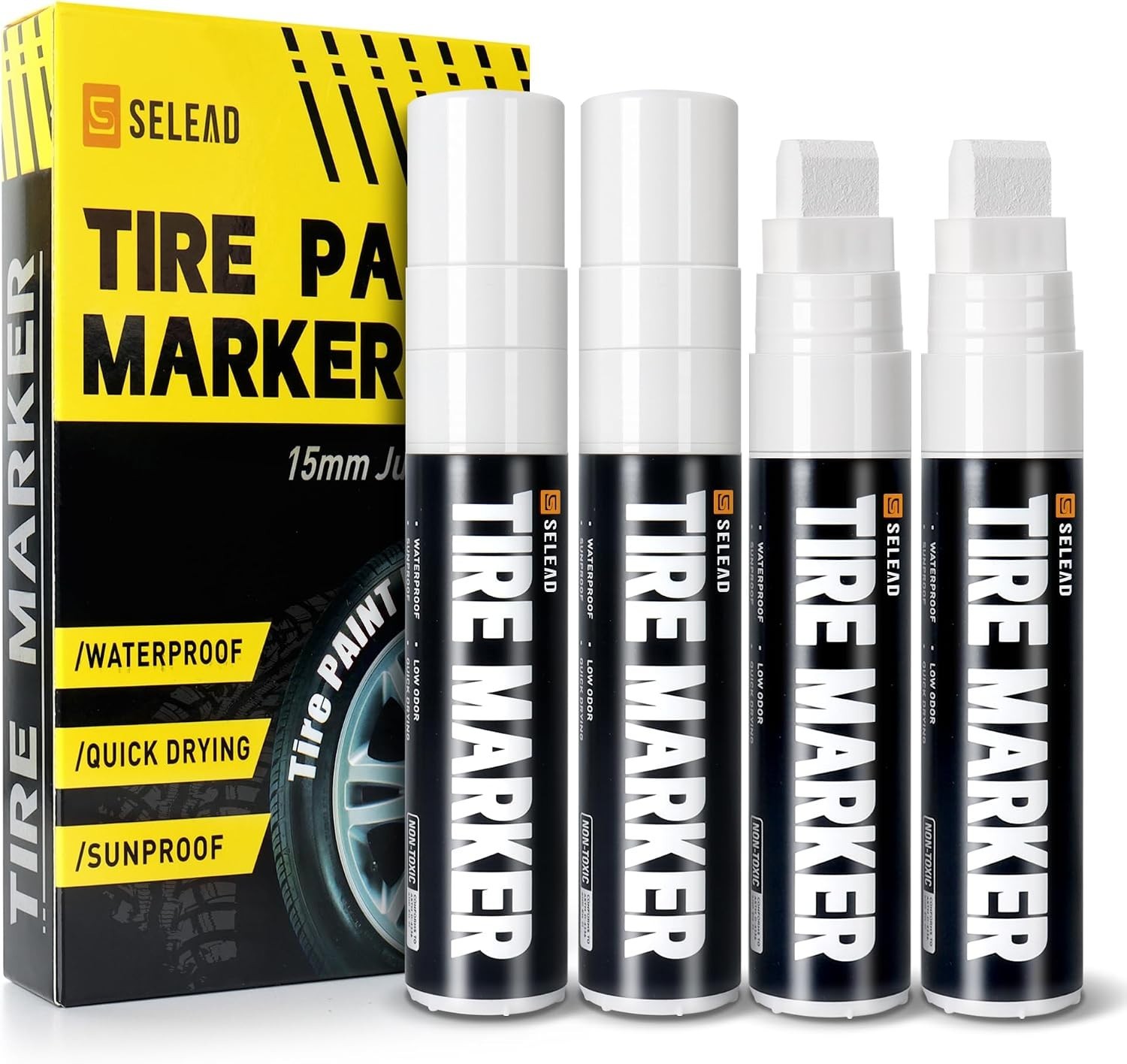 SELEAD Jumbo Tire Marker White – 4 Pack 15mm Wide Tip Paint Pens for Car Tire…