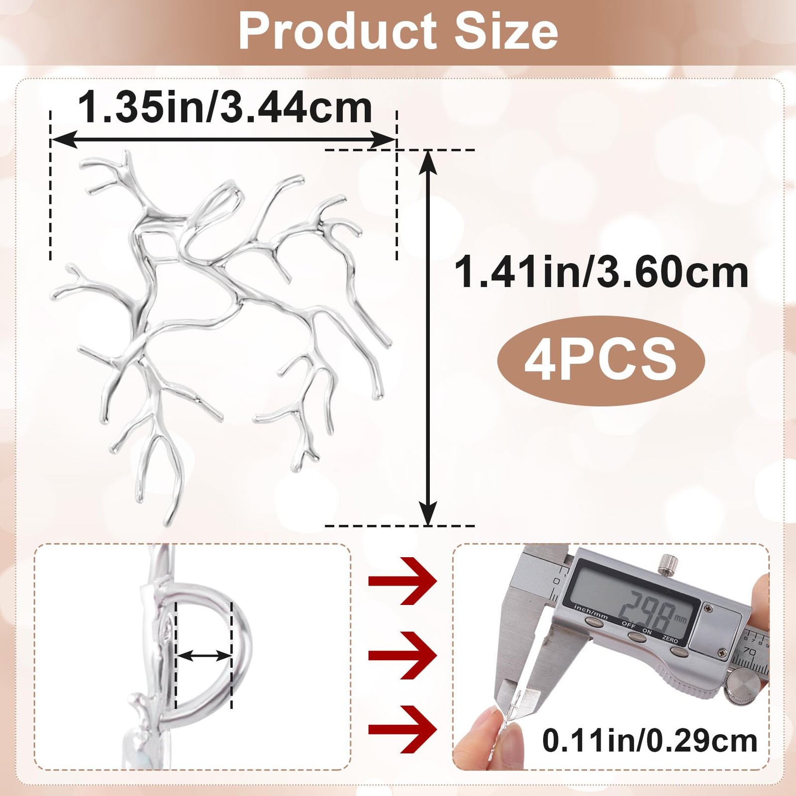 4 Pcs Branch Shape Blanks for Jewelry Making, Silver Brass Prong Pendant Setting