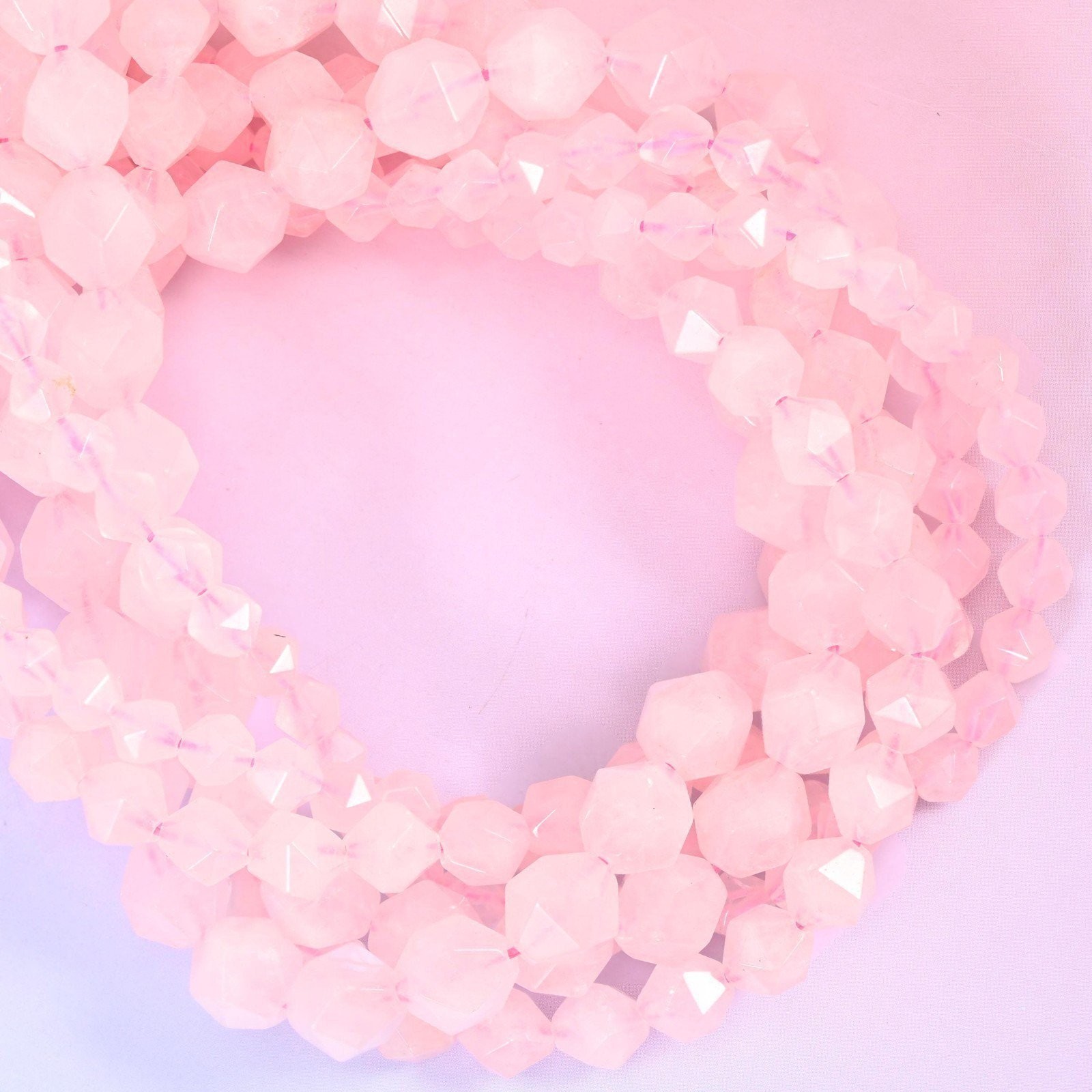 Rose Quartz Beads: Faceted Diamond Star Cut, 6-10mm, 15.5 inch Strand