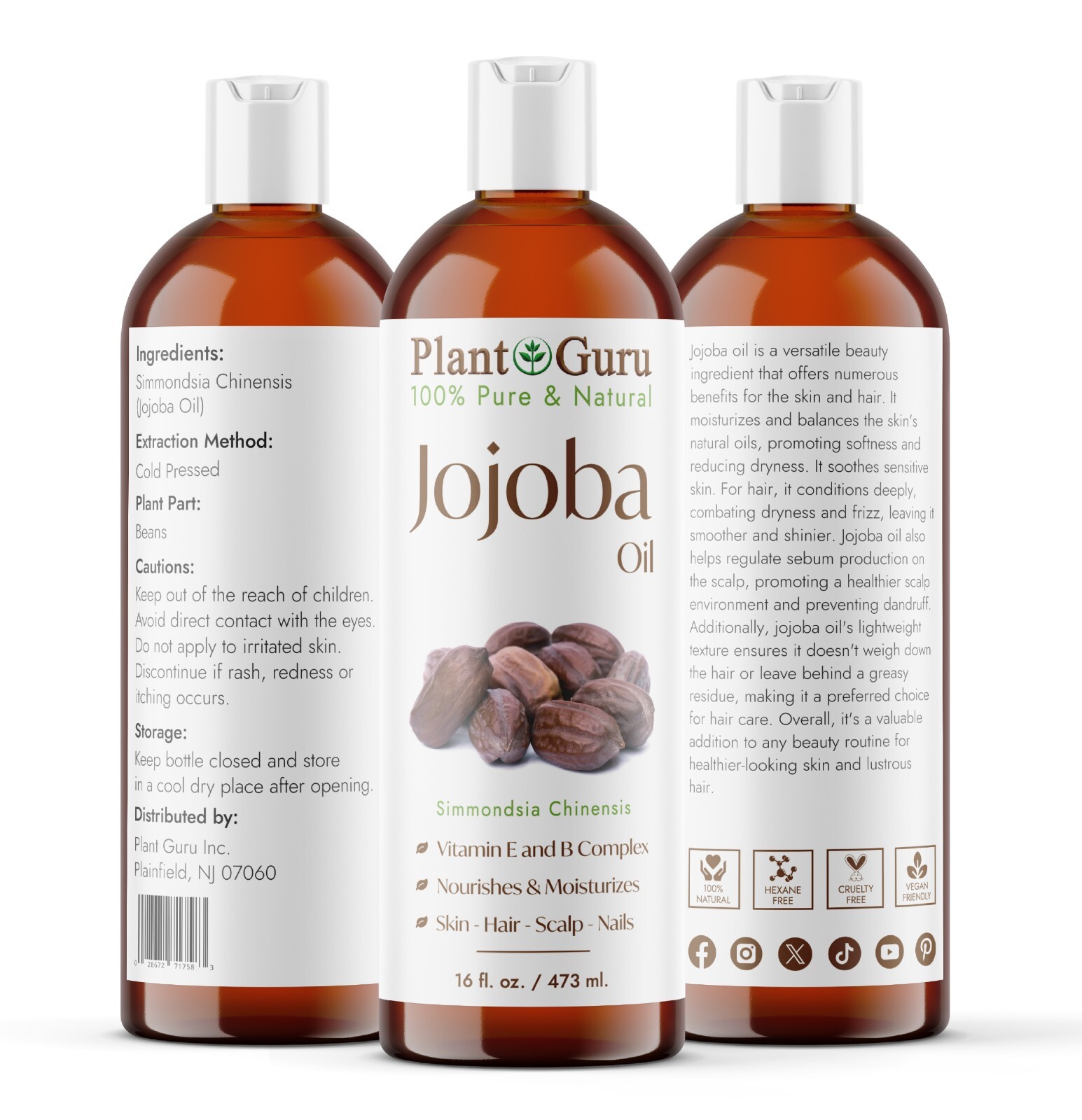 Golden Jojoba Oil 16 oz. 100% Pure Organic Cold Pressed For Skin, Hair, Face