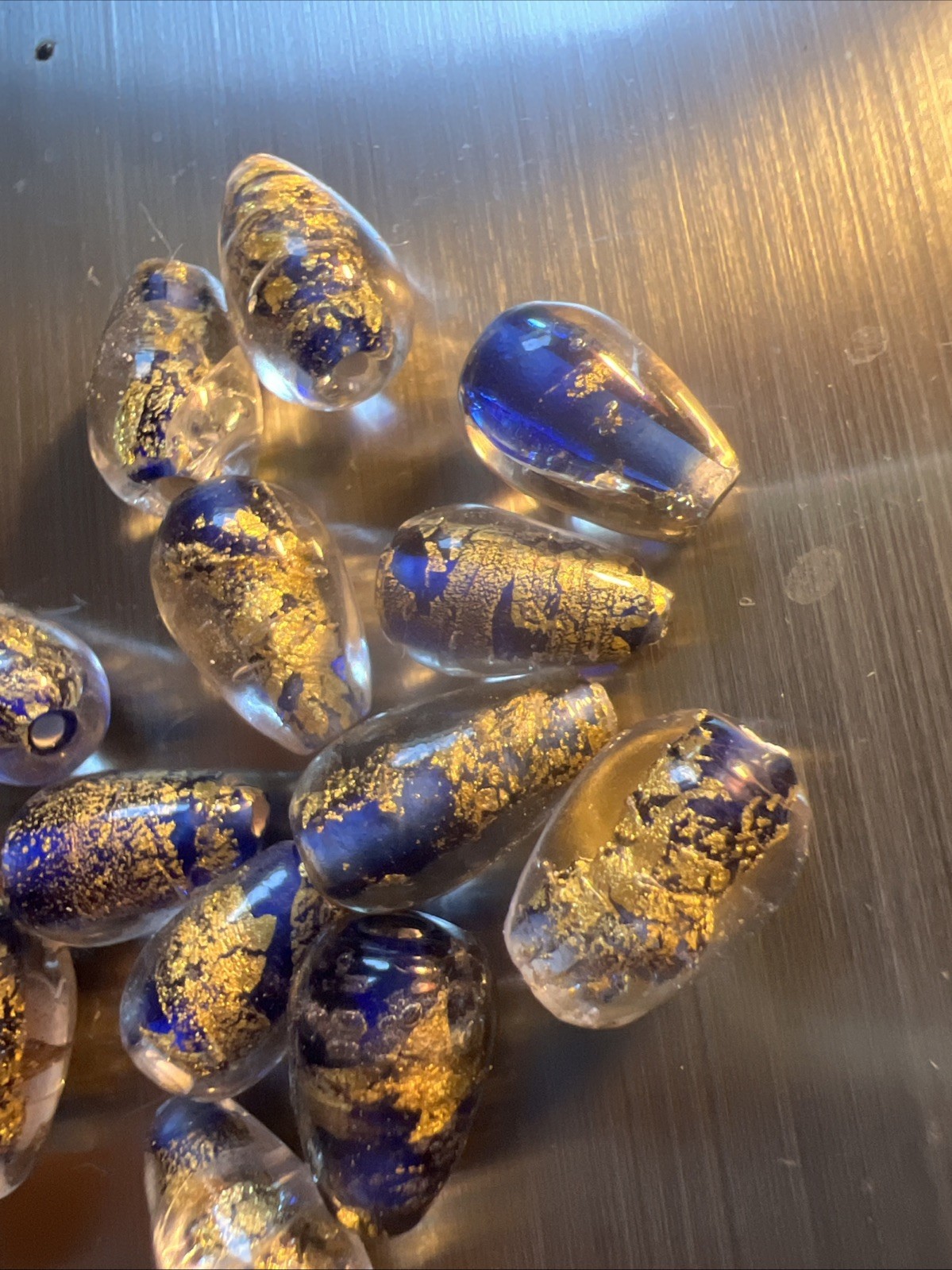 New Old Stock Lampwork Blue Gold Foil Teardrop Beads 12mmx7mm 16 Pieces