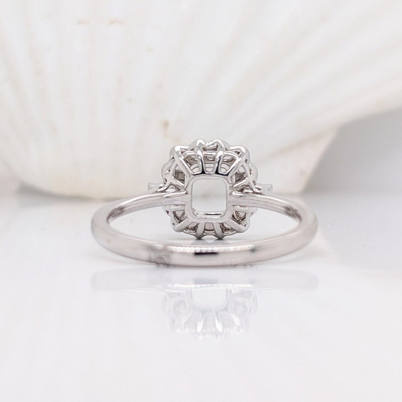 Emerald Cut 7x5mm Semi Mount Ring 925 Sterling Silver Scalloped Halo Women Ring