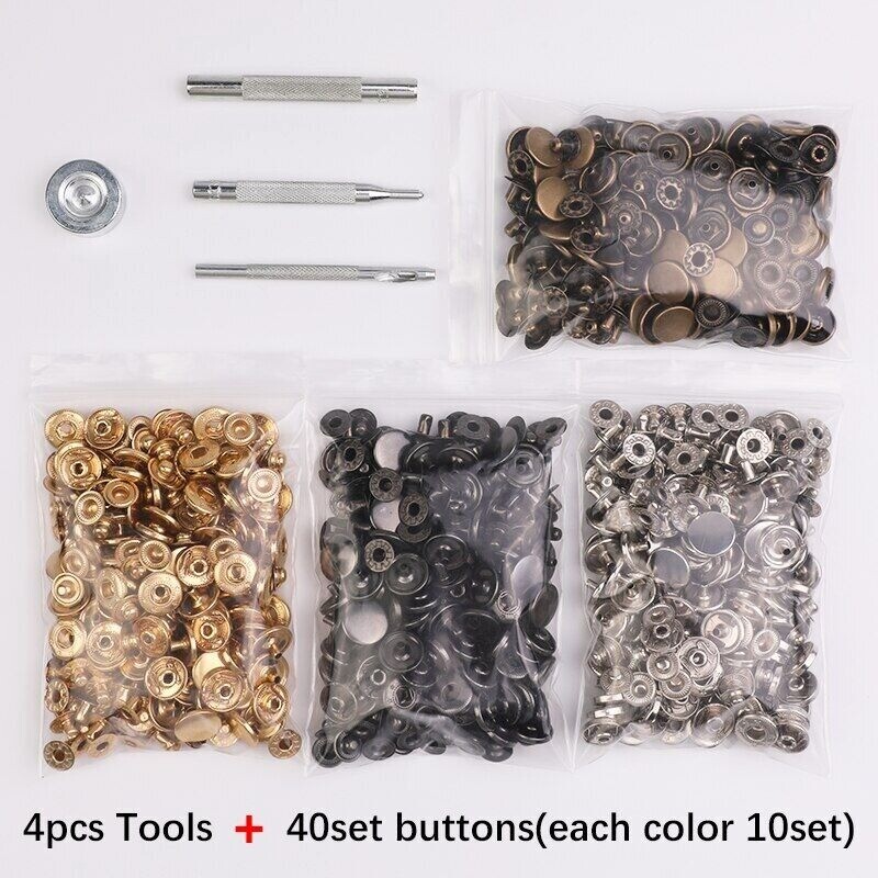 Leather Snap Fasteners Kit 10/12/15mm Brass Button Snaps Press Studs With 4 Tool