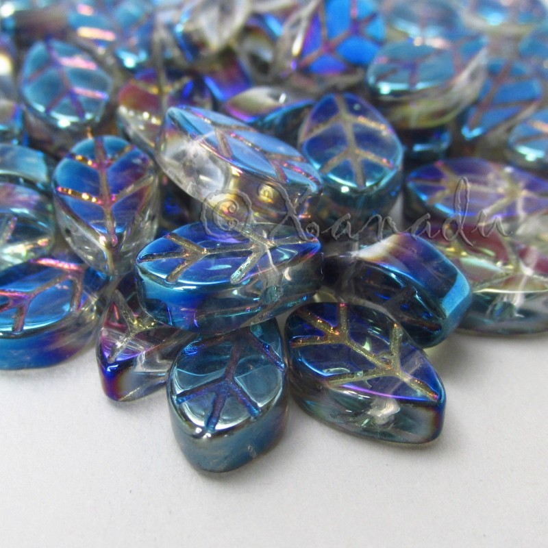 Glass Leaves 11mm Wholesale Blue Aurora Borealis Beads G3309 – 20, 50 Or 100PCs