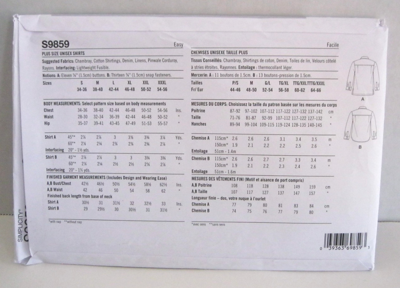 Simplicity 9859 Easy Long Sleeve Shirts Pattern Adult Unisex XL-XXXL (46-56″) UC