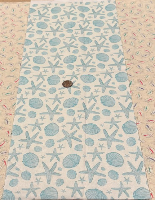 Seashells*Light Blue*on Sand*Cream* P&B Textiles* 100% Cotton Remnant* 8″ x 21″
