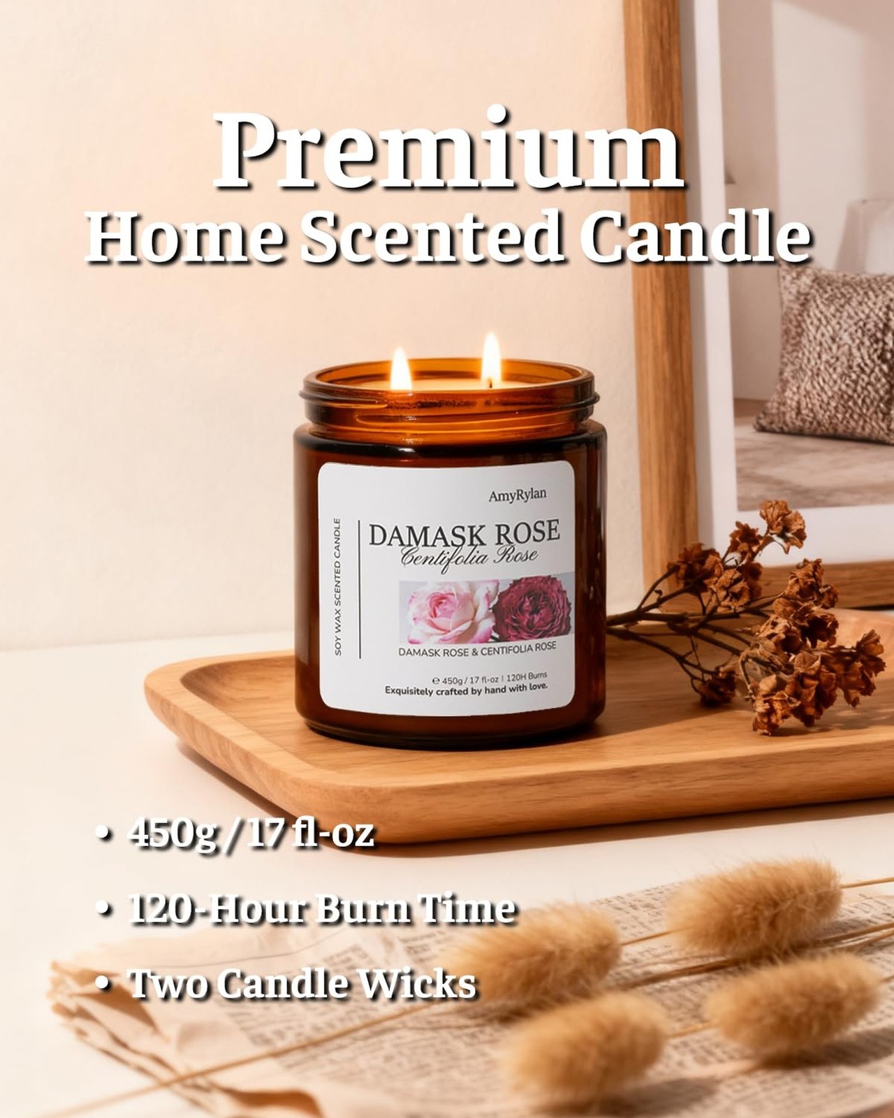 2 Wicks 17oz Large Non-Toxic Soy Wax Scented Candle, Damask Rose&Centifolia R…