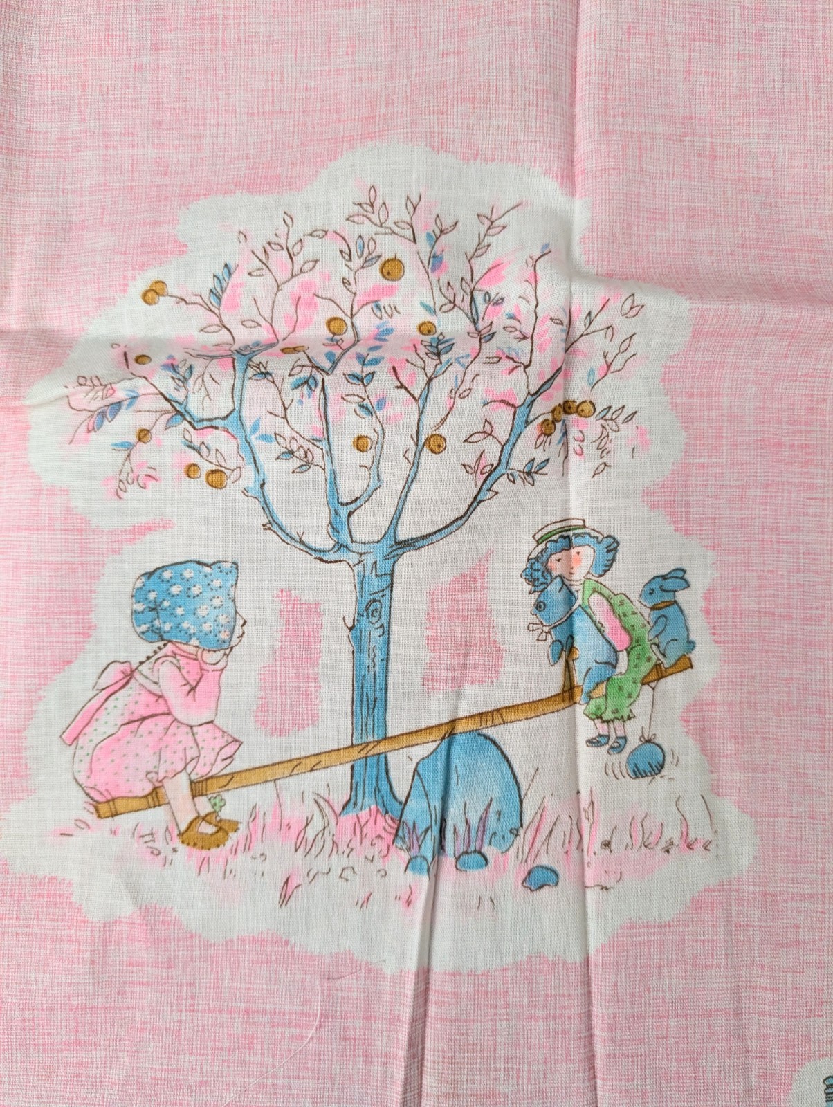 Vintage Holly Hobbie And Friends Fabric Less Than 1 yard Pink Play Trees Kitten