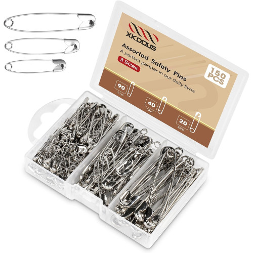 Safety Pins – 150 Pcs Assorted Sizes Silver Pins Bulk – Small & Large Heavy Duty