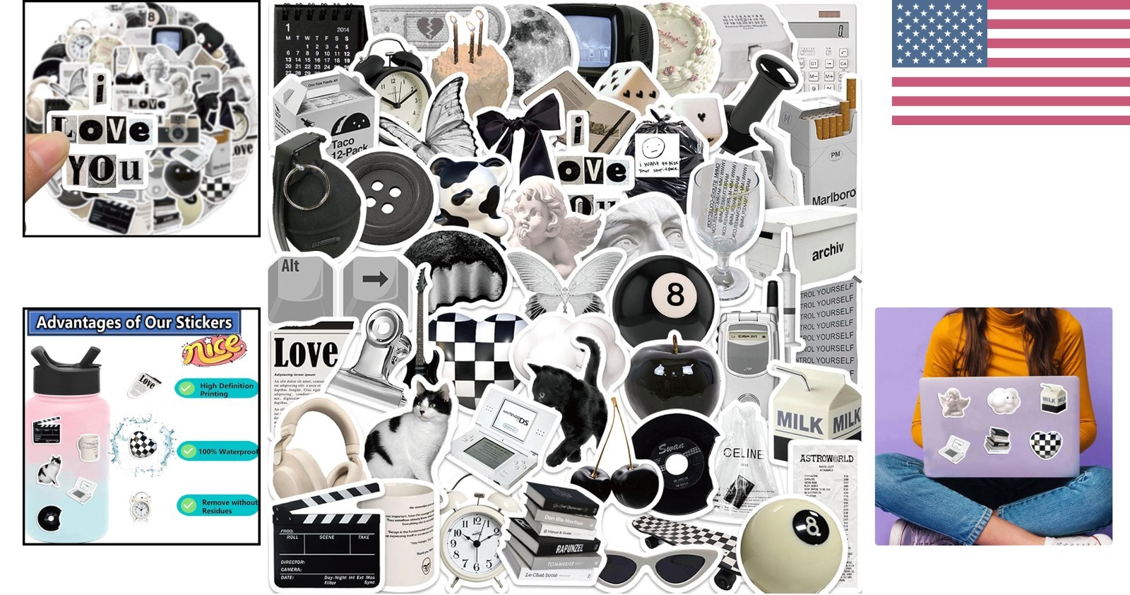 Versatile 61-Pcs Y2K Vinyl Sticker Set – Black & White Aesthetic for All Ages
