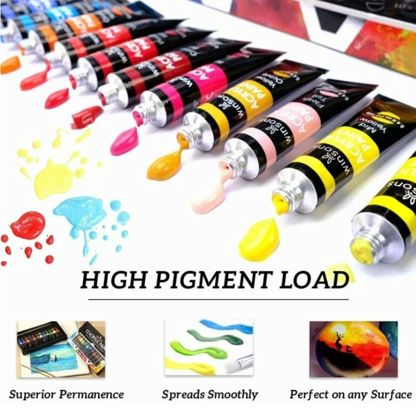 WINSONS Non Toxic 24 Colors Acrylic Paints Set 12ml With 3 Bonus Brushes