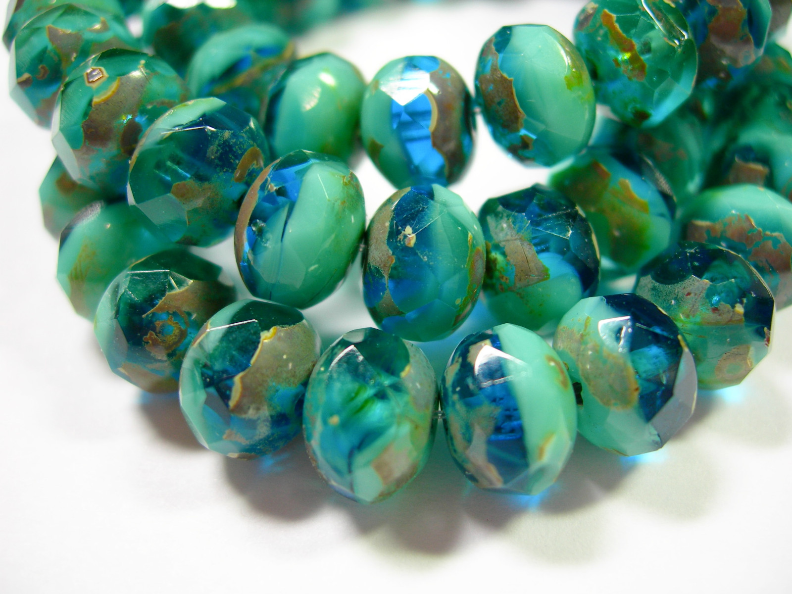 25 8x6mm Capri Blue / Turquoise Picasso Czech Fire polished Rondelle beads