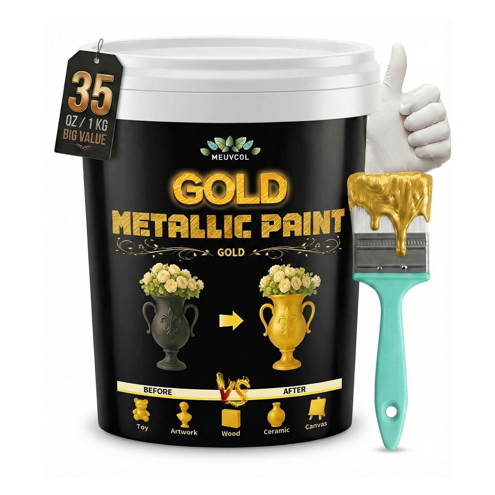 Meuvcol Gold Paint, 35 Floz Metallic Liquid 35 Fl Oz (Pack of 1),