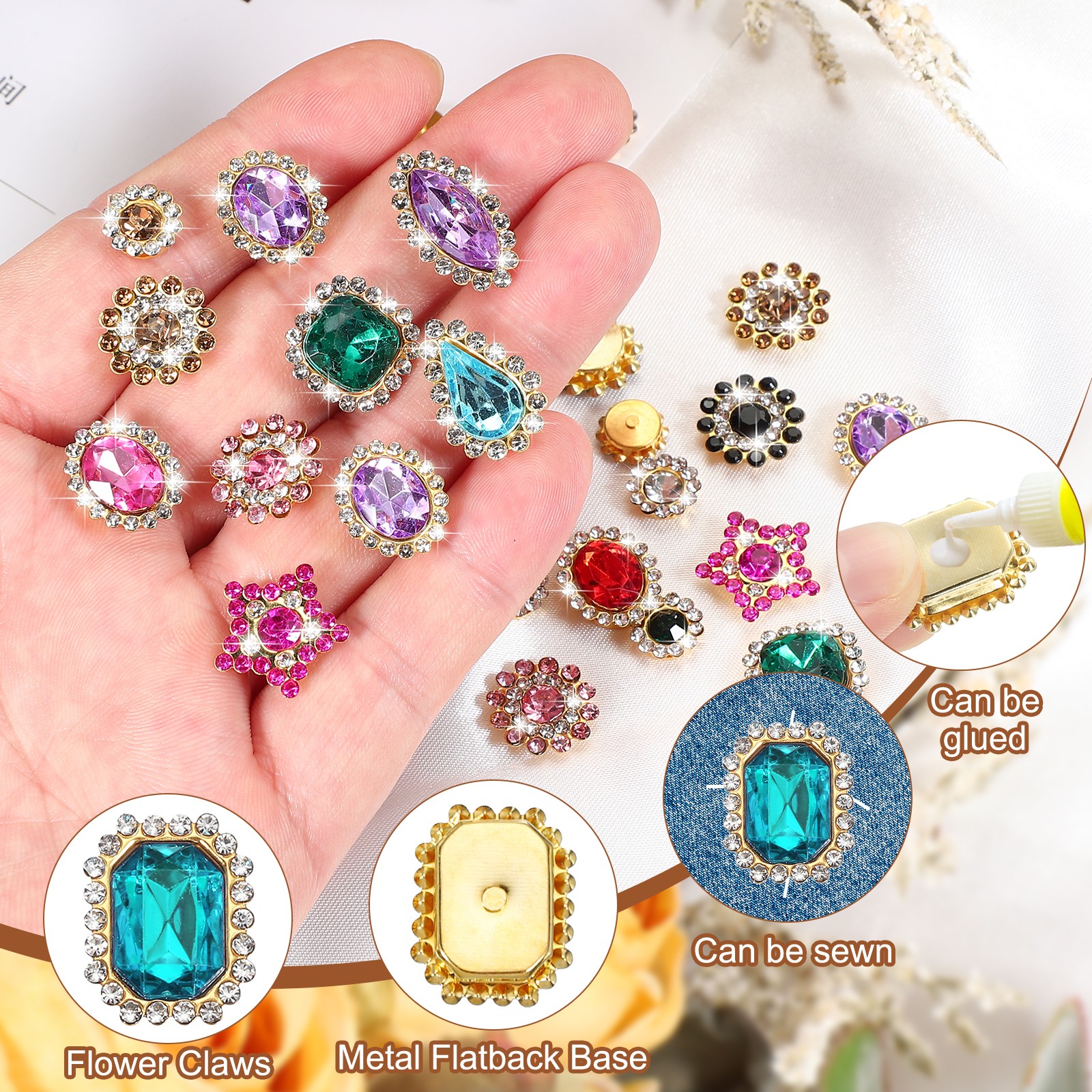 50Pcs Sew on Rhinestones Crystal Glass Gems Metal Base Claw Rhinestones Blue