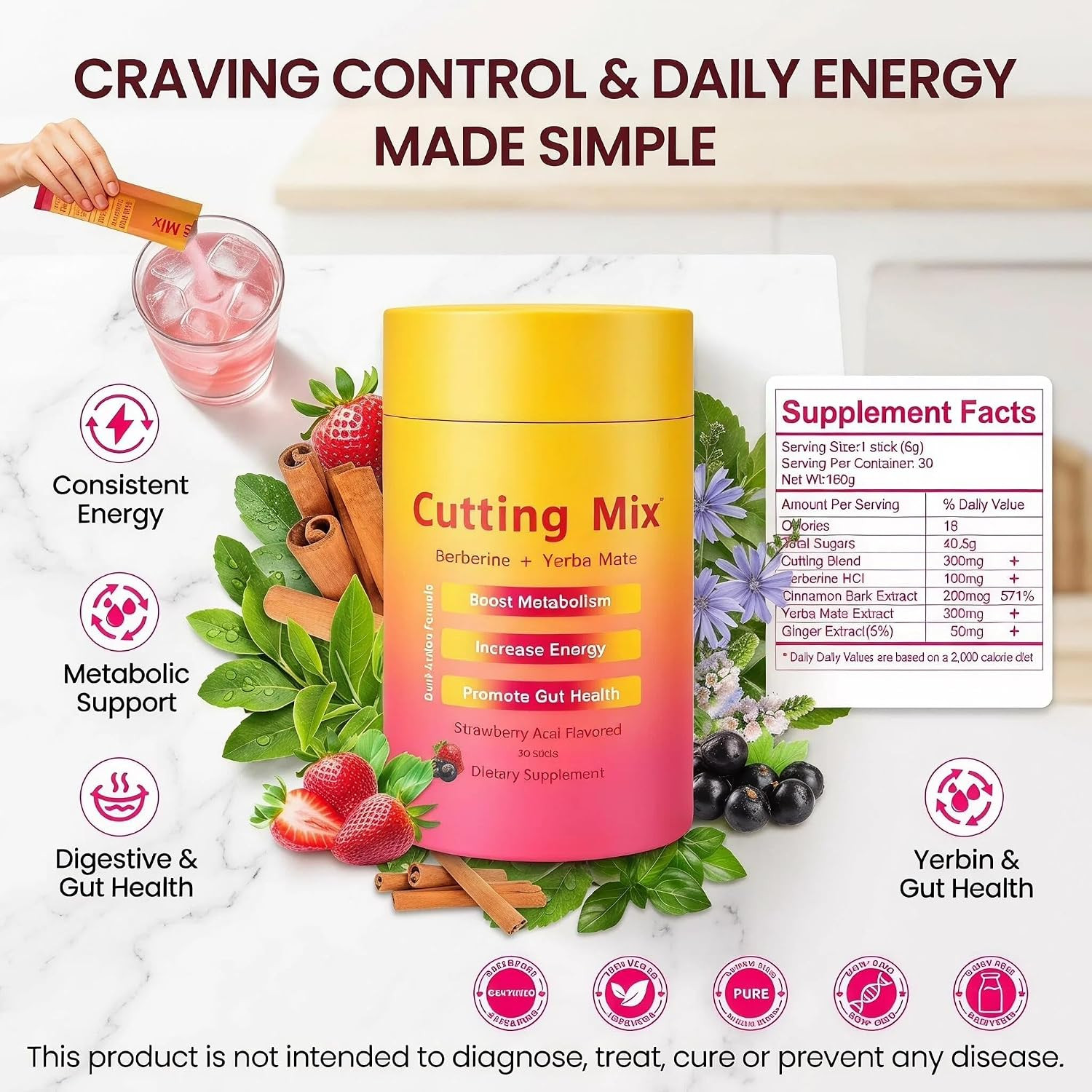 Cutting Mix Drink, Advanced Prebiotic, Vegan,Non-Gmo, Gluten-Free,Energy & Gut H
