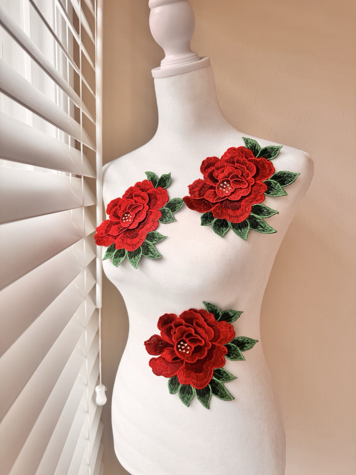 3D Red and Green Applique (1 Piece), Big Rose Glue on Patch Embroidered 6” X 5”