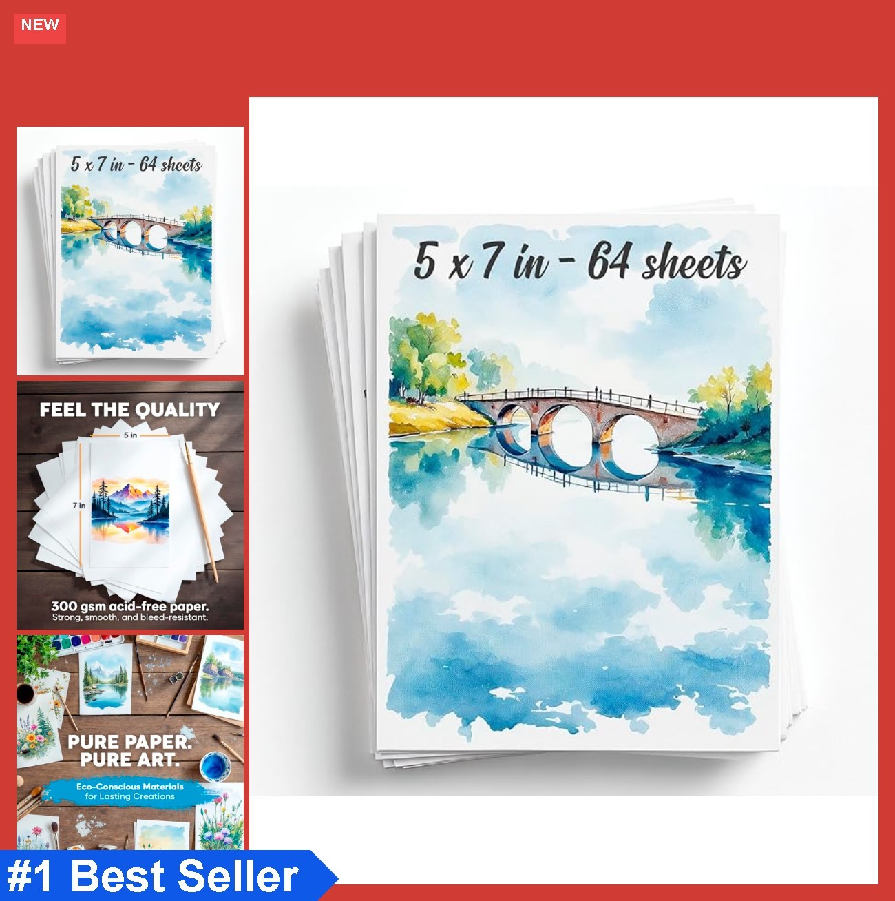 64 Sheets Watercolor Paper Pad – 5″x7″ – Water Color Paper 140lb/300gsm – 100% C