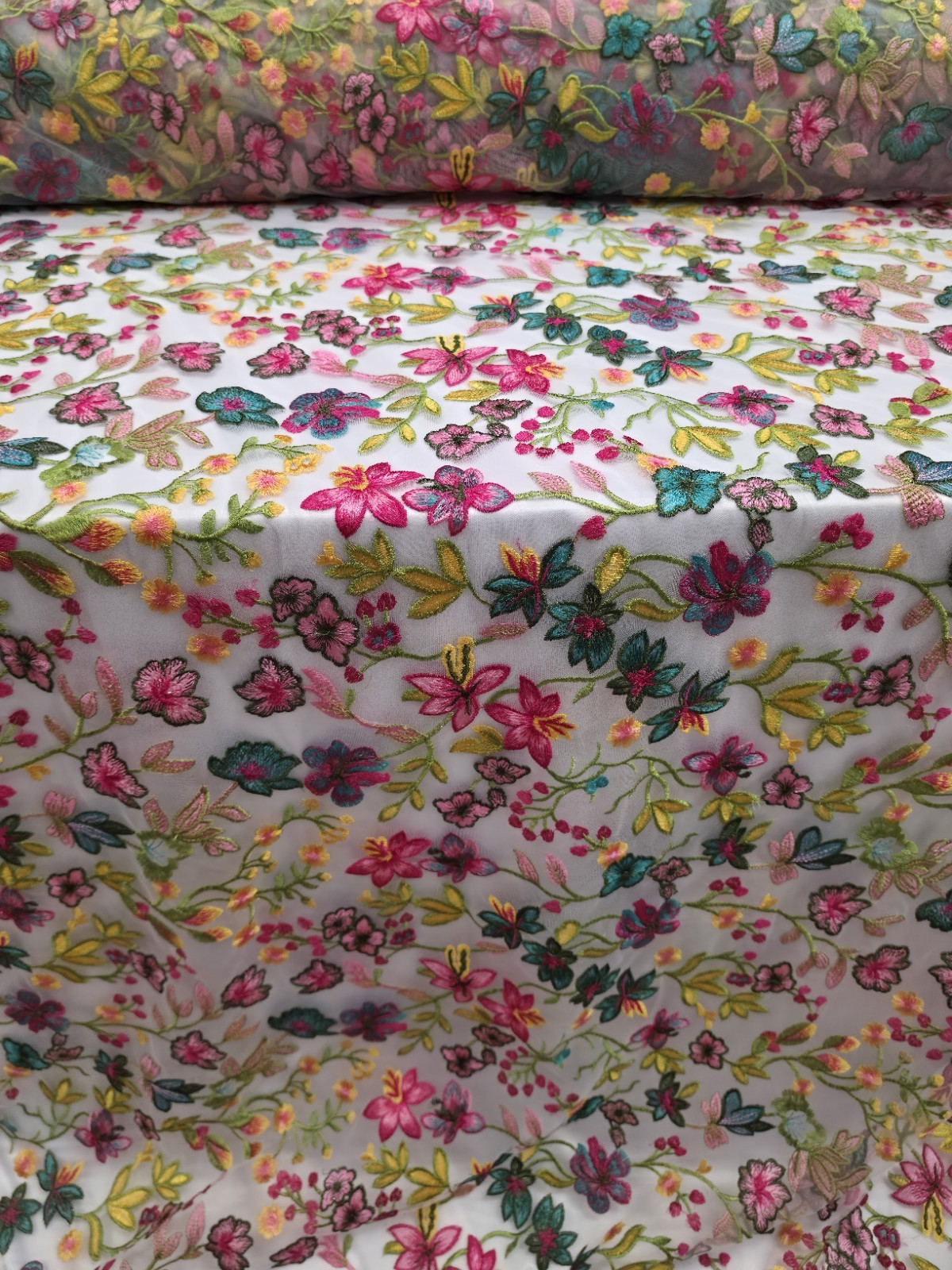 Fabric By The Yard Multicolor Lace Pink Fuchsia Embroidery Flowers On White Mesh