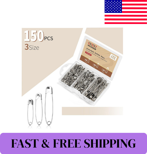 Safety Pins – 150 Pcs Assorted Sizes Silver Pins Bulk – Small & Large Heavy Duty