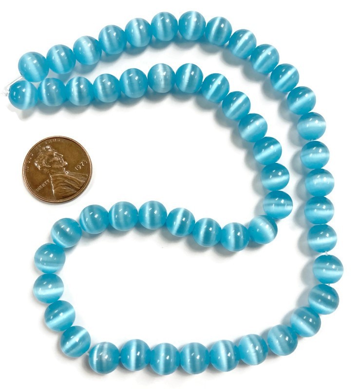 50 Cat’s Eye Fiber Optic Glass Aquamarine 8mm. Smooth Round Beads 2577