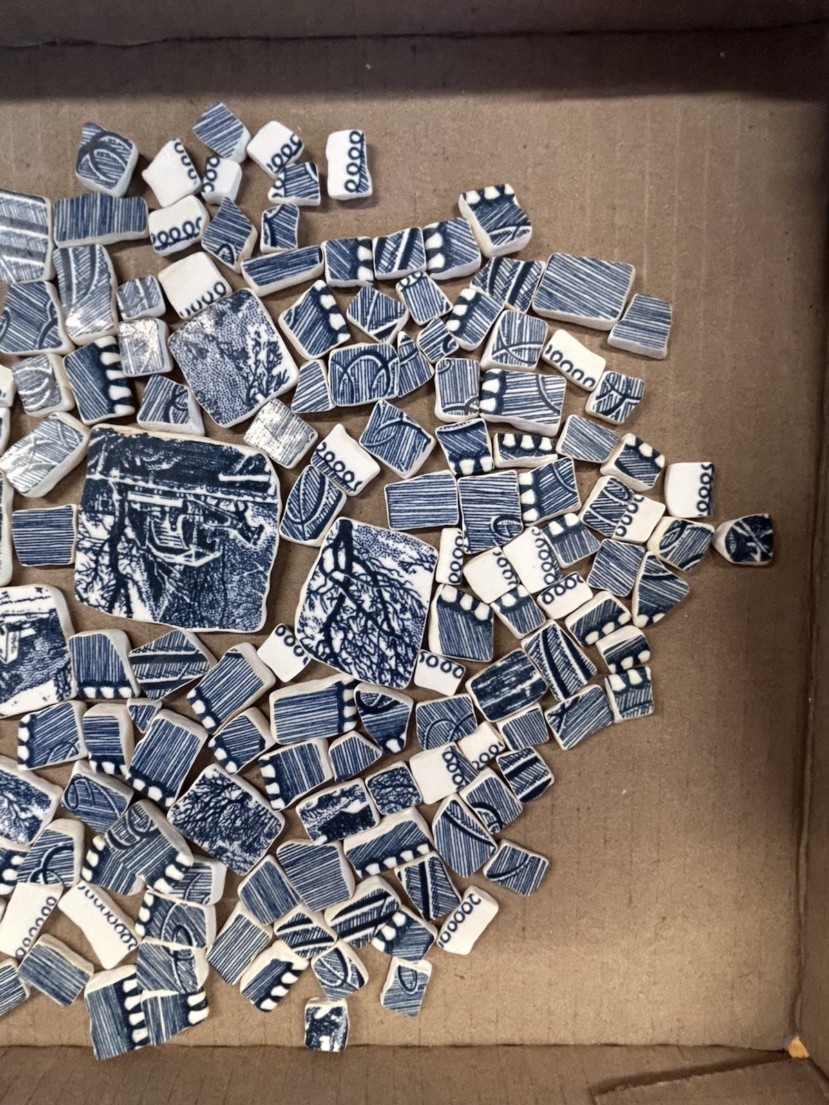 Broken China Hand Cut Plate TUMBLED Mosaic BLUE Currier & Ives