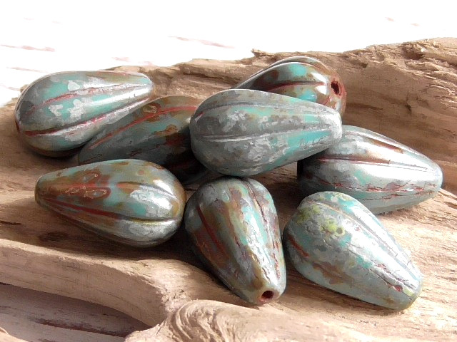 8 – 13x8mm CZECH TURQUOISE TERRA COTTA PICASSO MELON DROP FLUTED TEARDROP BEADS