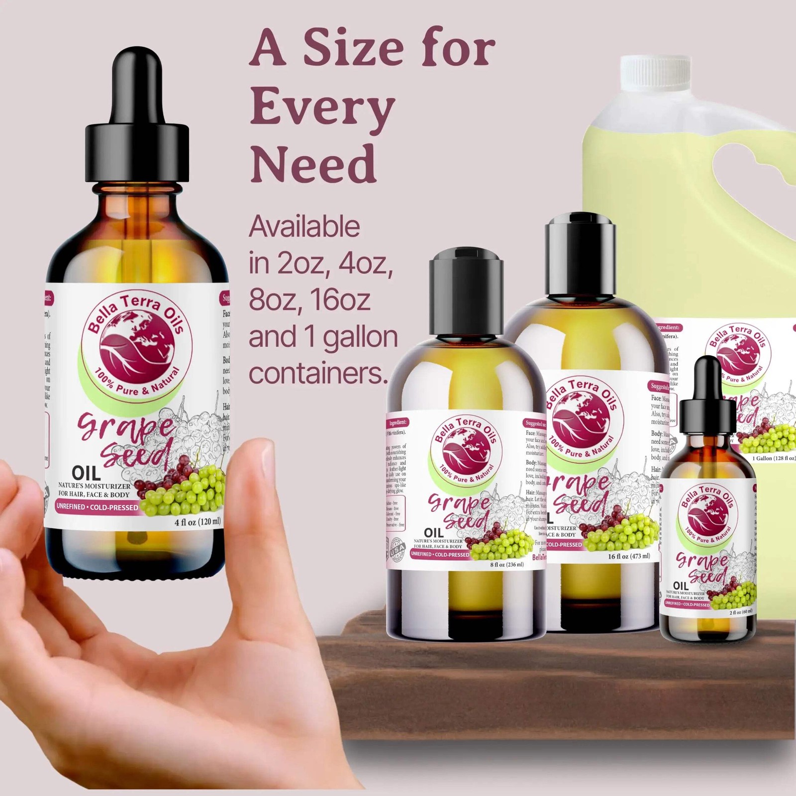 Cold-Pressed Grape Seed Oil 100% Pure Skin Hair Massage Moisturizer Carrier