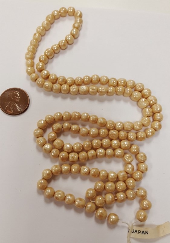 130 VINTAGE JAPANESE CHERRY BRAND GLASS BEIGE SATIN AB 6mm. BAROQUE BEADS 4732