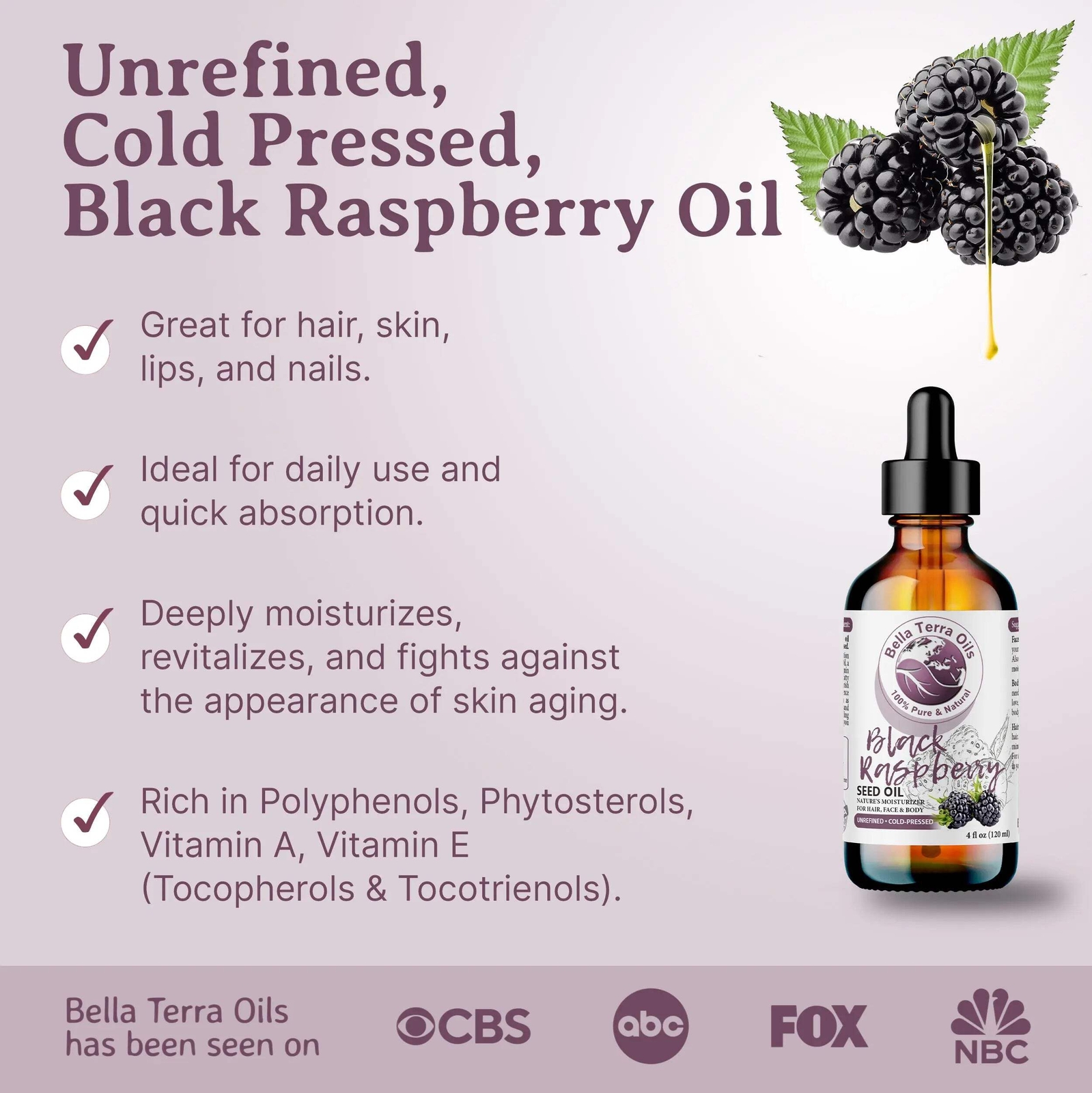 Black Raspberry Seed Oil – 4oz | Cold-Pressed Oil for Skincare, Haircare