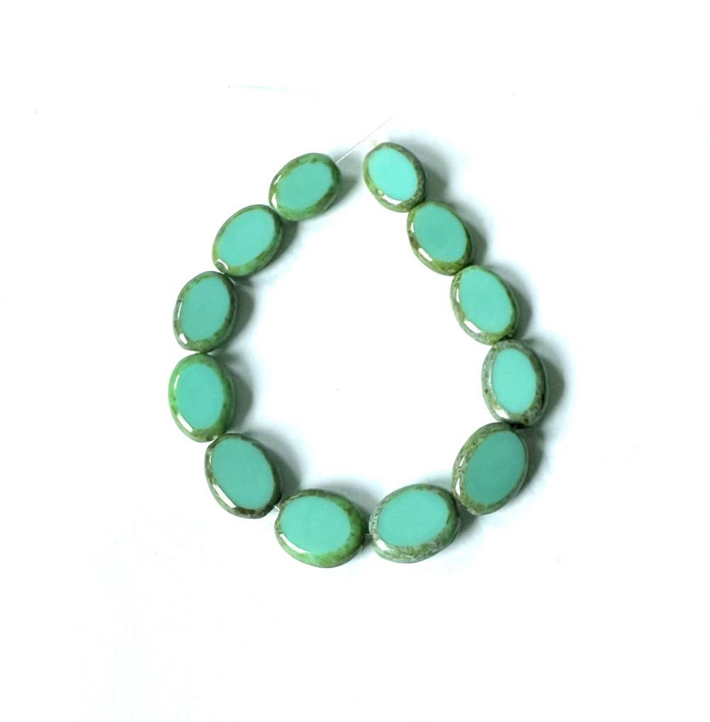 12 Czech Glass Window Table Cut Oval Beads Turquoise – Picasso Opaque 12x9mm