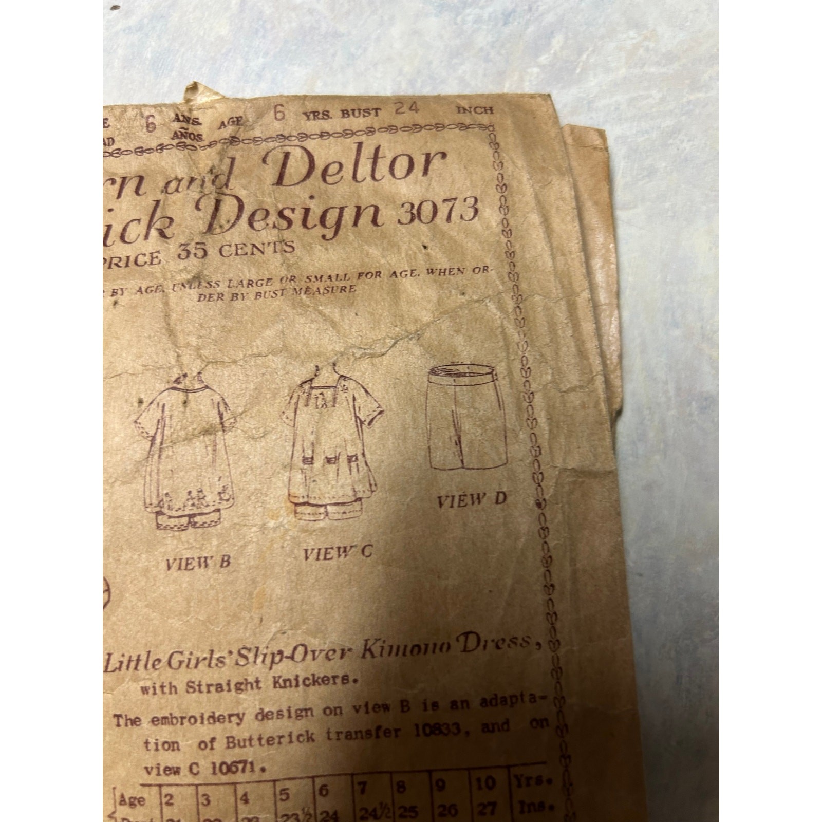 Antique 1920’s Butterick Pattern #3073 Little Girls’ Kimono Dress Size 6 Years