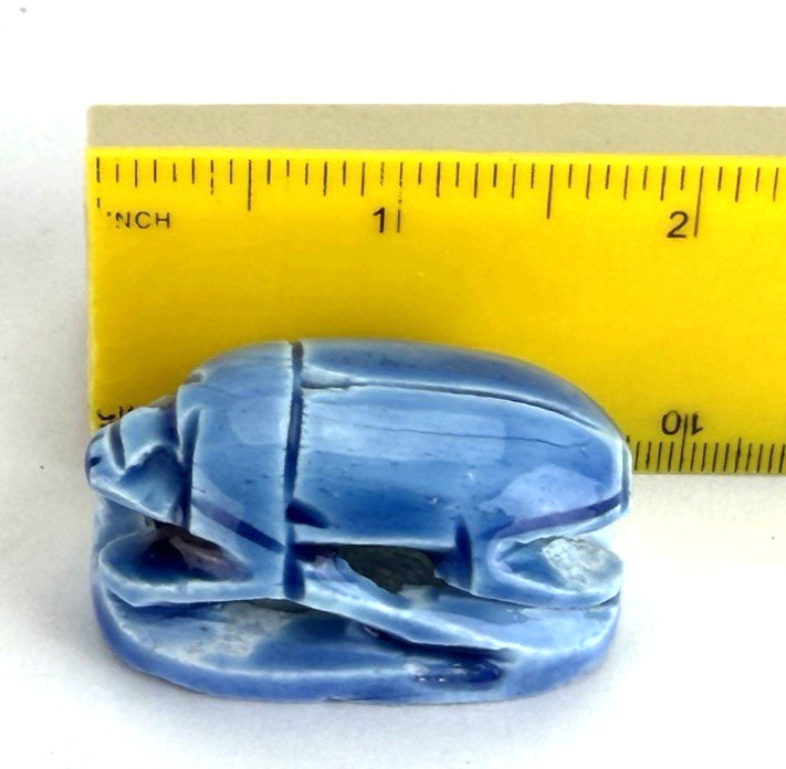 (Lot of 2) Vintage Egyptian Carved Scarab Amulet Beads 2 in Glazed Ceramic Blue