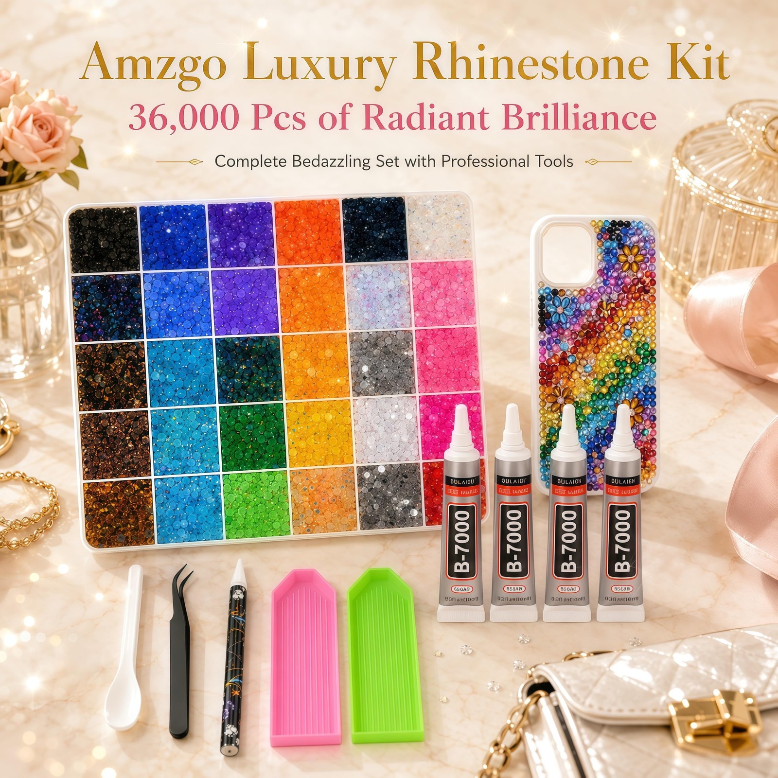 36000pcs Rhinestones Bedazzling Kit, 30 Colors 3mm Flatback Resin Bedazzler Gems