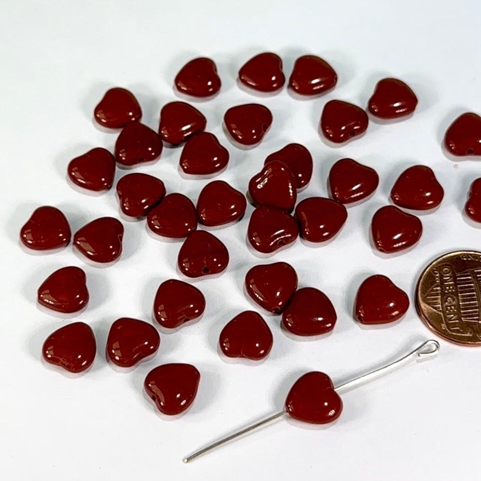 Czech Glass Heart Beads 10mm Brown Opaque, Pressed Beads, 36 pcs K002