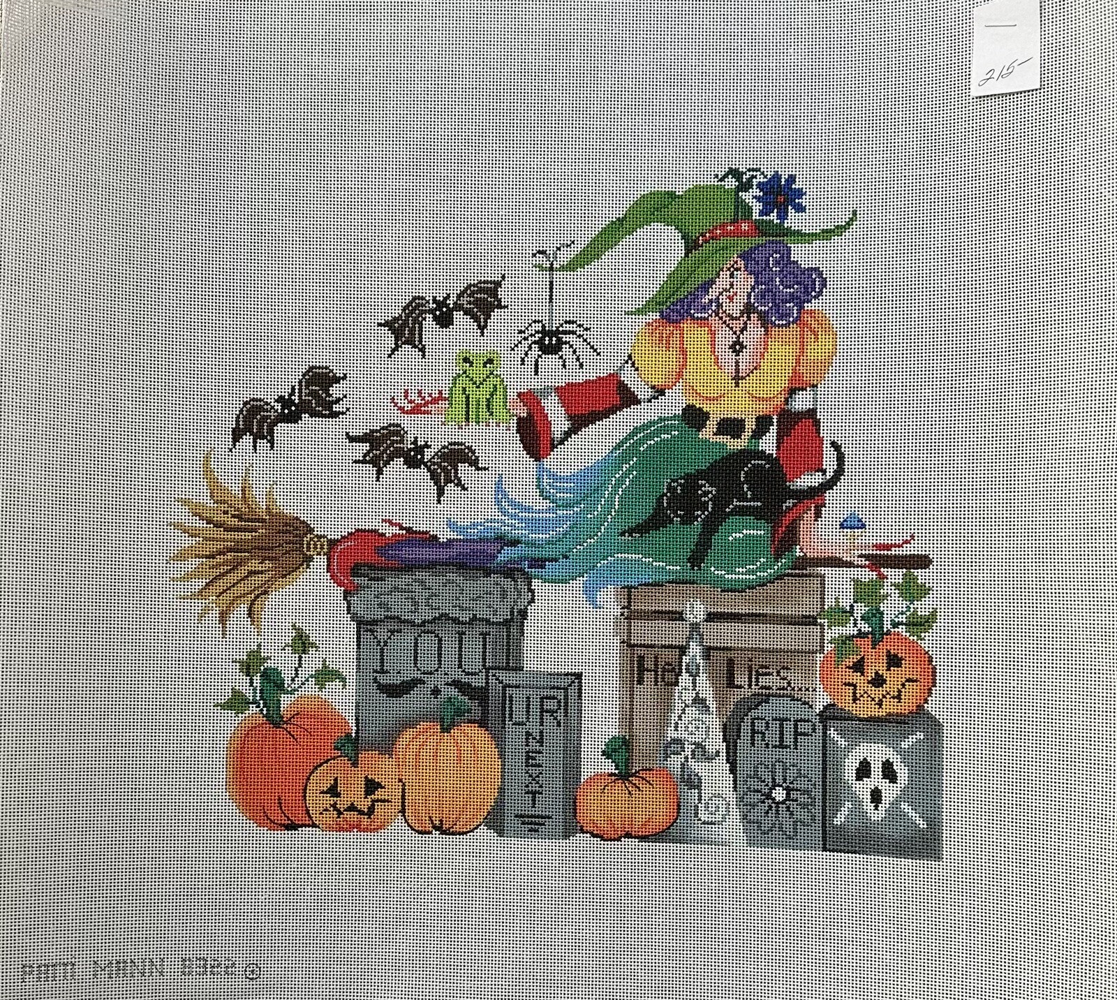 Patti Mann Halloween Needlepoint Canvas Witch In Graveyard 17”x18”