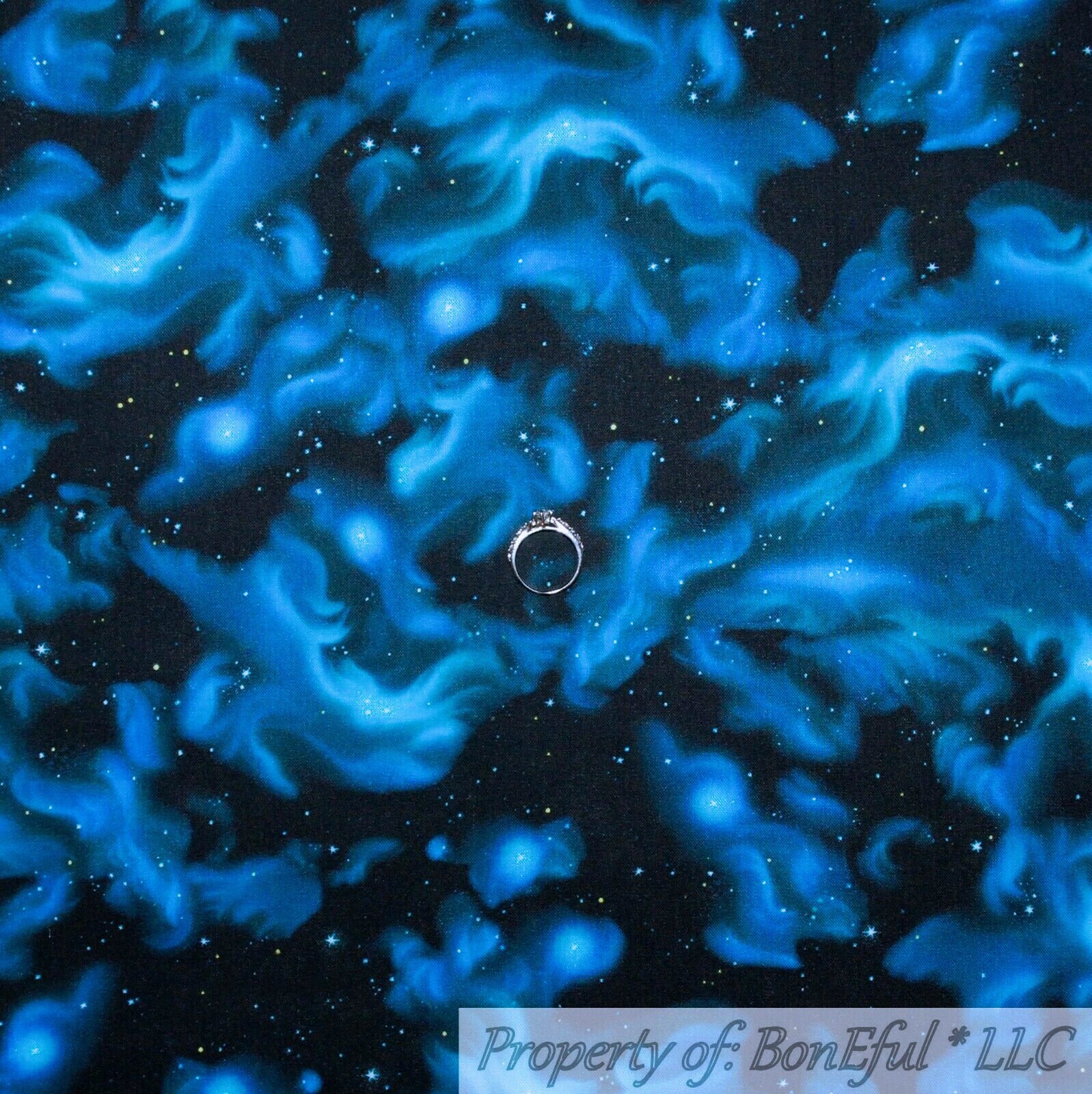 BonEful Fabric FQ Cotton Quilt Black Dark Night Blue Sky White Star Space Zodiac