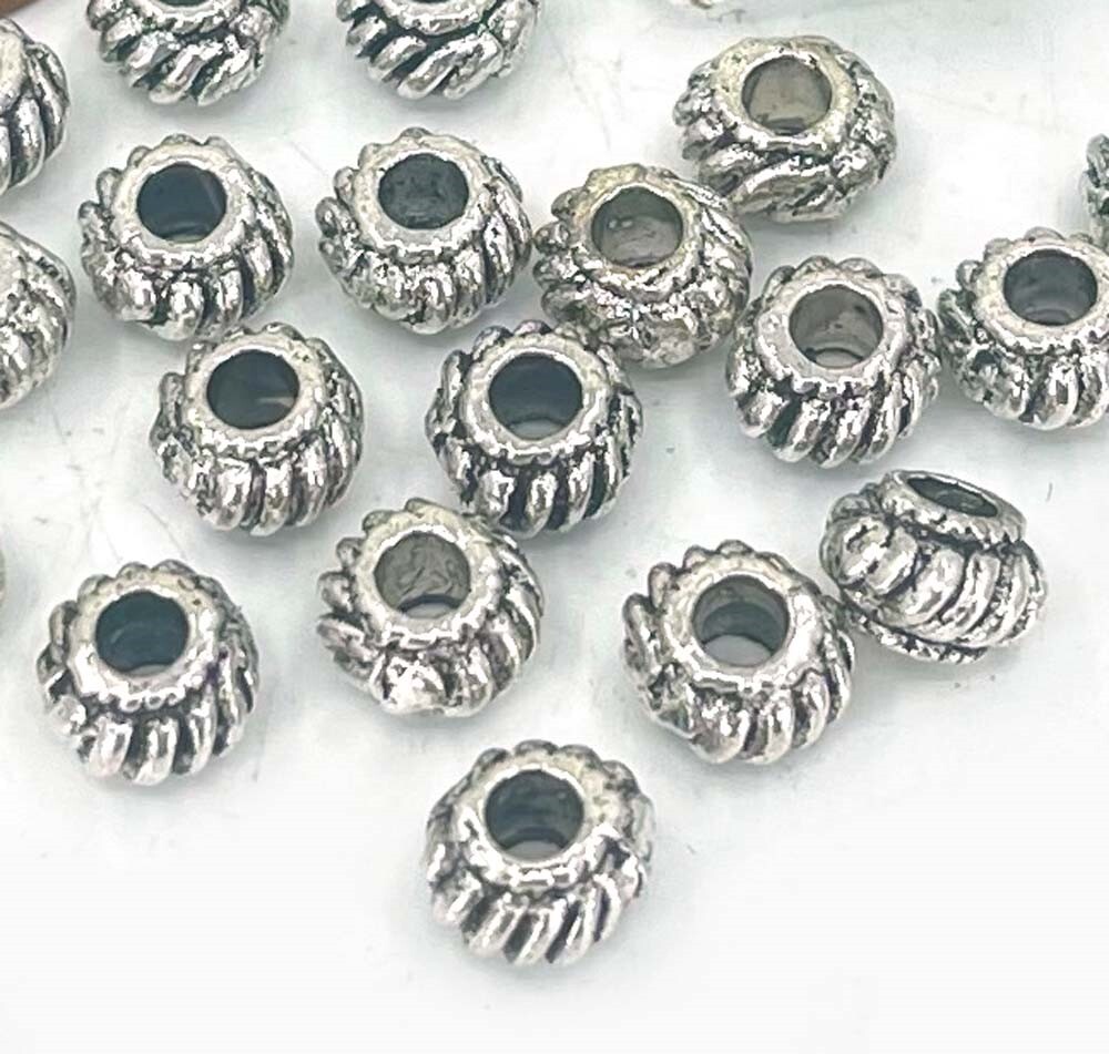 20 Corrugated Antique Silver Pewter Melon Spacer Rondelle Beads 6x4mm