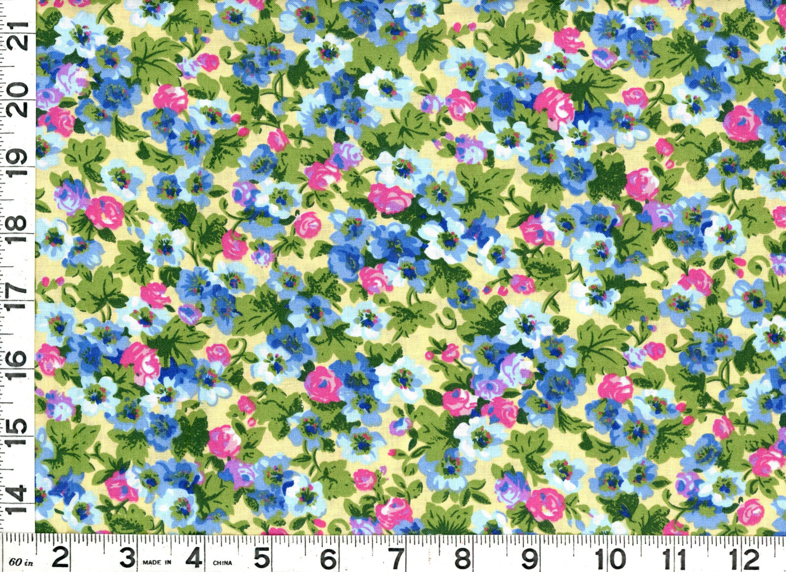 Light & Dark Blue Flowers w/ Pink Roses Quilting Sewing Fabric by the Yard #712