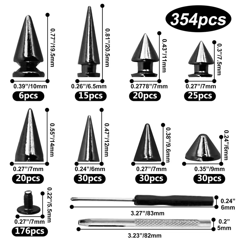 354 Pcs Punk Spikes and Studs Kit 8 Sizes Metal Cone Spike Studs Rivets for C…