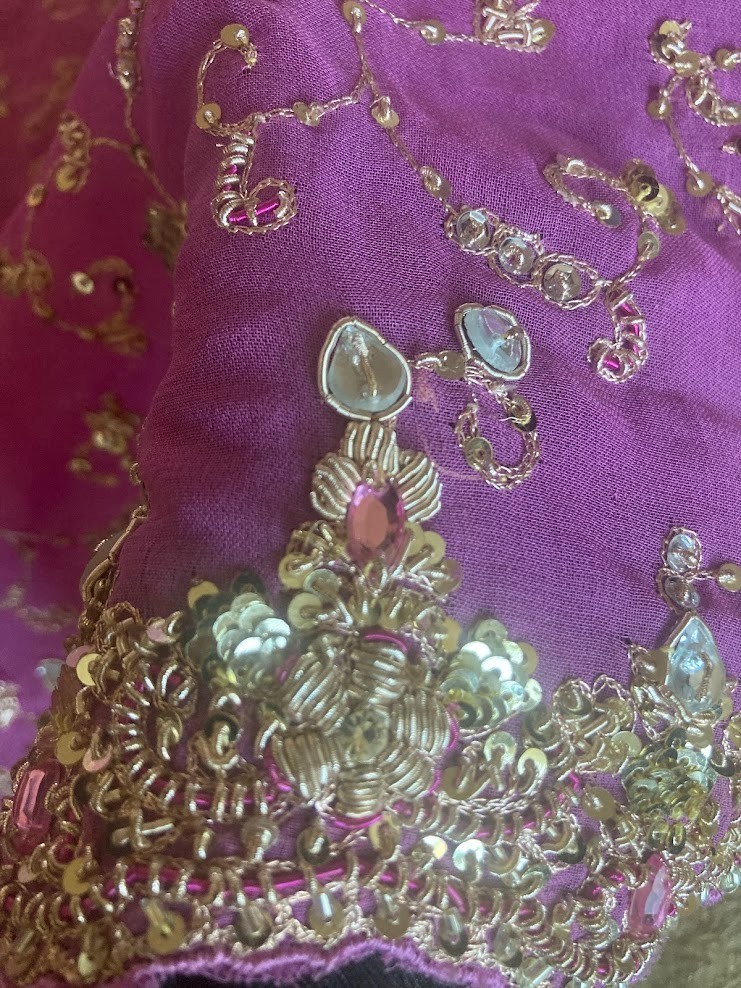 Vintage Indian Orchid Lavender Scarf Zardozi Gold Sequin Kundan Dupatta 100×44