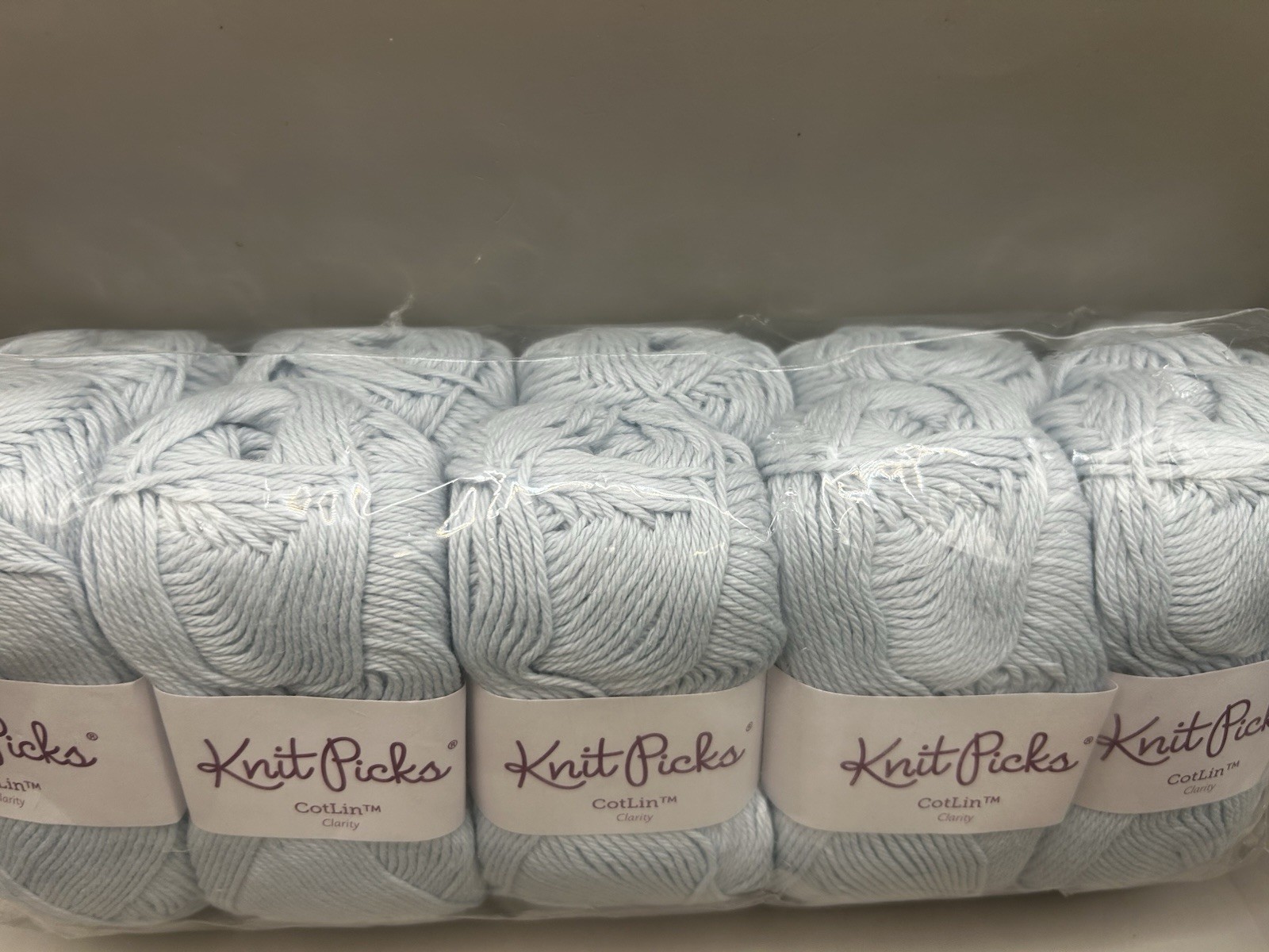 Lot of 10 Skeins of Knit Picks CotLin Yarn in Clarity (same dye lot), Light Blue
