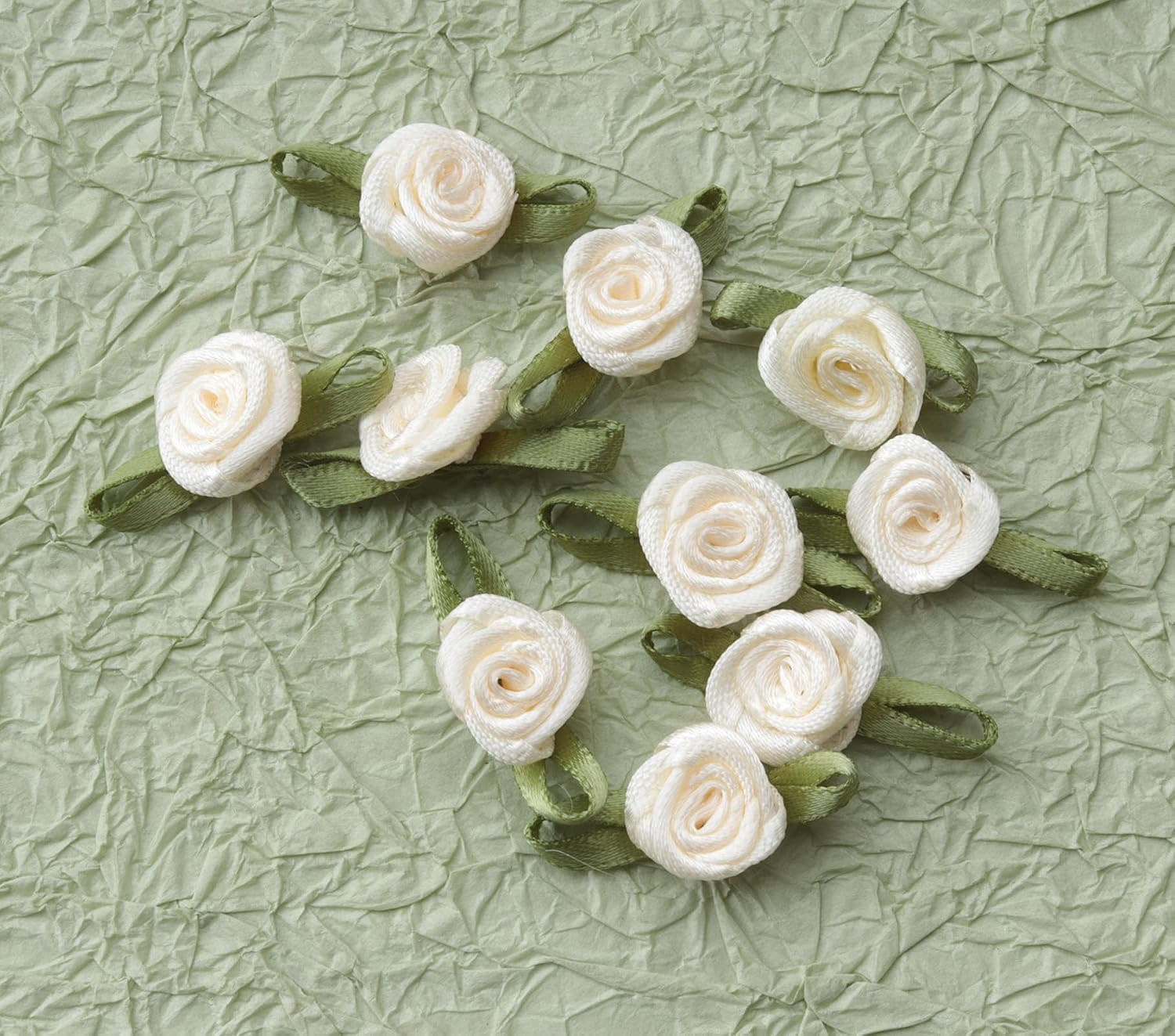 50 Pcs Satin Roses with Green Leaves Mini Cute Ribbon Bows Fabric Artificial Flo