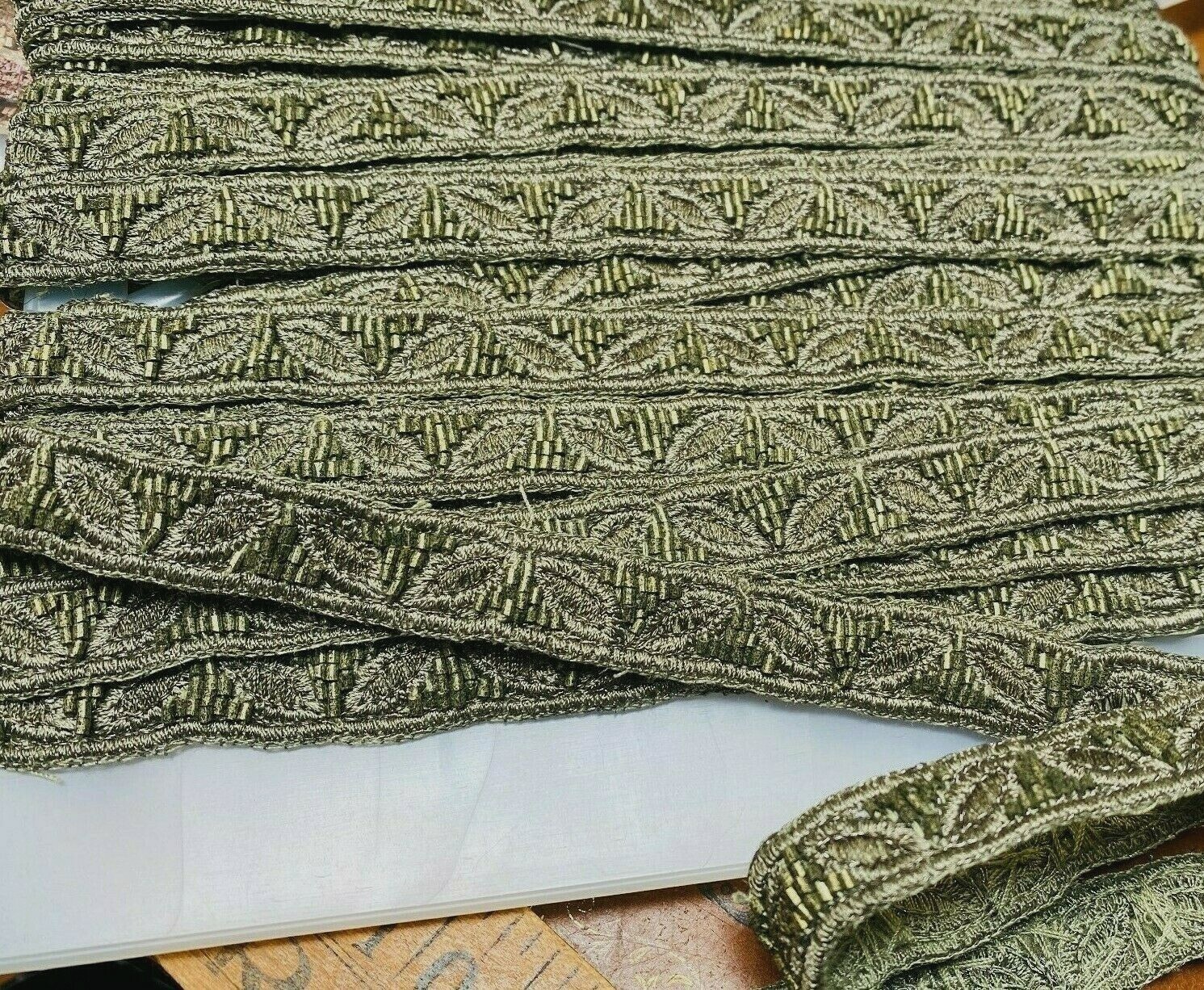 embroidered leaves glass beads trim 5/8″ hand sewn green tea 1yd