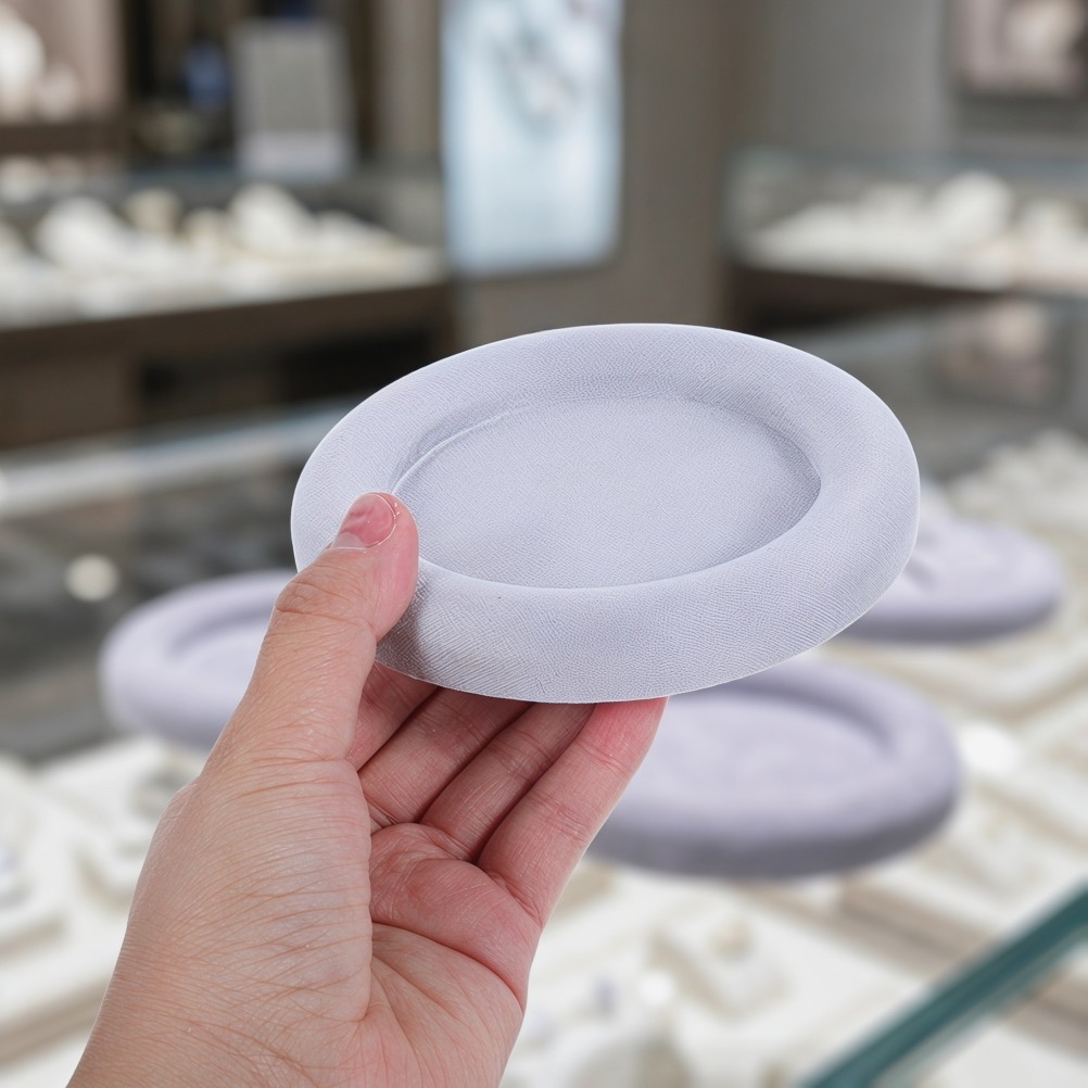 Round Jewelry Display Plate with Wrinkle Resistant Velvet Surface Light Grey